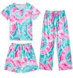 Fanient Pyjamas pour Filles Ensembles de Pyjama imprimé Batik coloré Haut de Nuit pour Fille et Ensemble Pantalon Court/Long 9-10 Ans