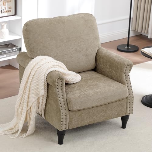 choairy Accent Chair for Living Room, Modern Mid Century Reading Chair Armchair High Back Upholstered Armchair with Wooden Legs for Living Room Bedroom Office (Brown, 1PCS)