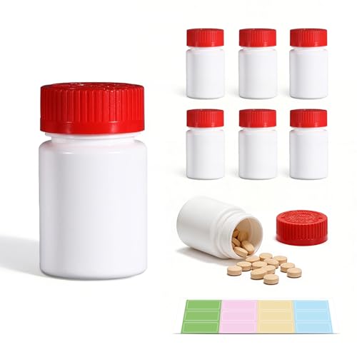 UMETASS 8 Pack Small Empty Plastic Bottles for Pills - Travel Medicine Containers with Lids & Labels, Portable Daily Organizer Storage for Vitamins, Medication Essentials