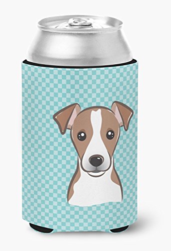 Caroline's Treasures BB1198CC Checkerboard Blue Jack Russell Terrier Can or Bottle Hugger Cooler Washable Drink Sleeve Collapsible Beverage Insulated Holder, Can Hugger, Multicolor