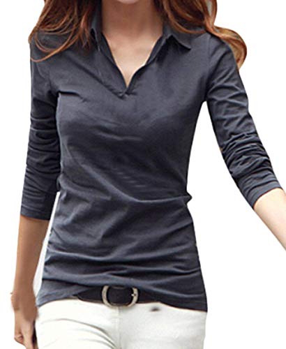 Smartprix Womens Long Sleeve Polo Shirts Cotton V Neck Solid Color Tops Tshirt X-Large Grey