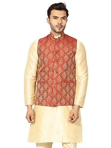 Image of Uri and MacKenzie Men's Silk Blend Regular Kurta Churidar Pyjama with Bundi Nehru Jacket /Waistcoat