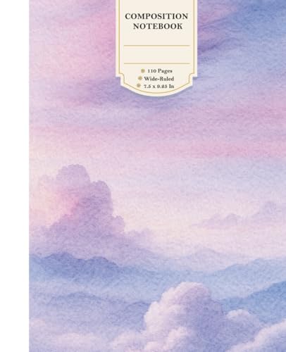 Aesthetic Purple Clouds Watercolor Composition Notebook: Wide Ruled Lined Paper for Students and Office - 110 Pages, 7.5 x 9.25 in - Dreamy Pastel Pink and Purple Sunset Sky Scenery Journal