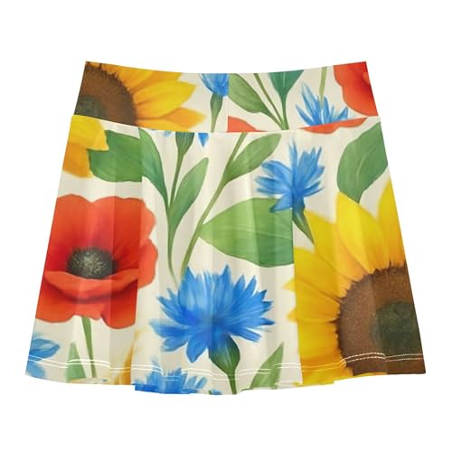 Kids Tennis Skirts Sunflowers Red Poppies Beige Girls Skorts Athletic Shorts Casual Flowy Skirt 4t2