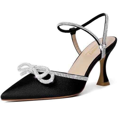 Susanny Black Heels for Women Kitten Low Dressy Bow Rhinestone Heels Evening Party Ankle Strap...