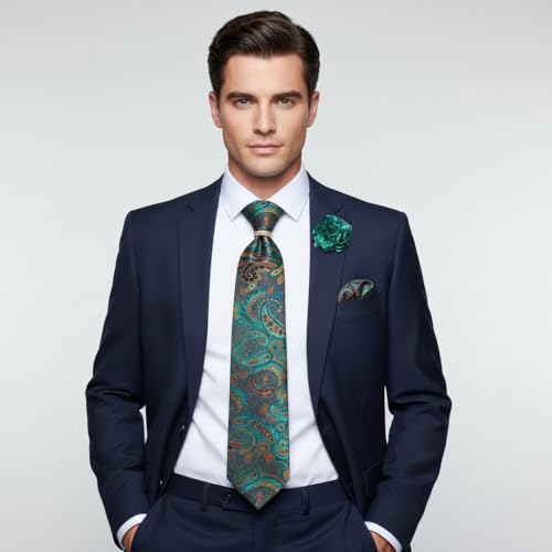 Image of 5PCS Mens Silk Designer Tie, Pocket Square, Cufflinks, Drilled Tie Ring and Lapel Pin Set for Wedding Groom Party