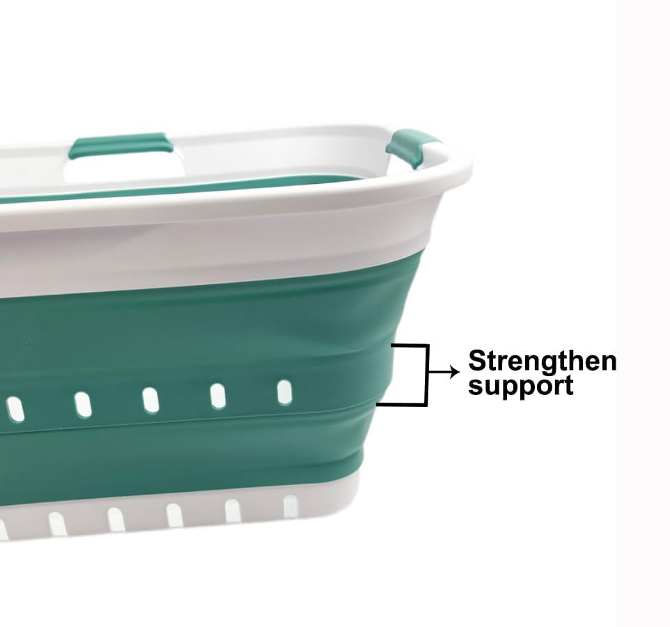 Image of SAMMART 42L (11 gallon) Collapsible Plastic Laundry Basket - Foldable Pop Up Storage Container /Organizer - Space Saving Hamper /Basket (1, White /Celadon Green)