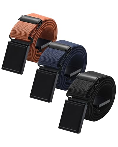 AWAYTR 3 PCS Kids Adjustable Magnetic Belts - Easy to Use Magnetic Buckle Belt for Boys and Girls (Black Buckle- Black/Navy blue/Brown)