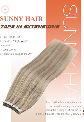 Sunny Hair Tape in Hair Extensions Real Human Hair Invisible Remy Hair Extensions Tape ins for Women Ash Blonde Highlight Bleach Blonde with Pink Hue 20 inch 20Pcs 50G