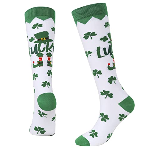 FSTSOCK St Patricks Day Socks for Women - Novelty Green Shamrock Socks Luck Irish Knee High Socks with Clover Pattern