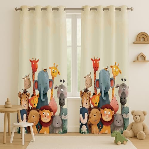 Image of STITCHNEST Velvet Kids Curtains Pack of 2 | Jungle Safari Animal Friends Print | Semi Blackout Curtains for Nursery, Baby & Toddler Room | 7 Feet