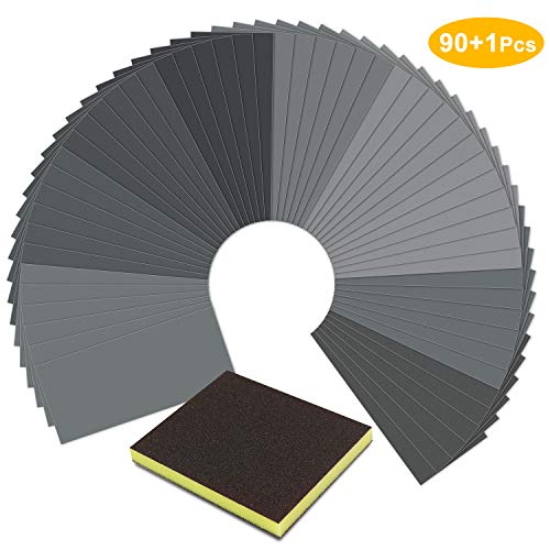 Sandpaper，Wet Dry Waterproof Sand Paper with Sanding Sponge, 90 Pcs 400 to 3000