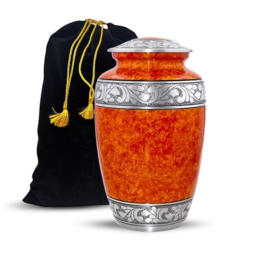 Image of Cremation Urn for Human Ashes Adult - Handcrafted Aluminum Funeral Urn with Silver Engraved Border | Large 200 Cu in Burial Urn for Ashes | Decorative Memorial Urn with Velvet Bag - Antique Finish