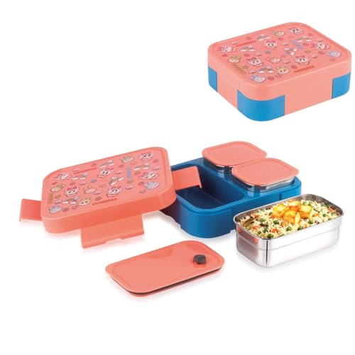Image of ATTRO Admire Deluxe 3 Compartment Stainless Steel Lunch Box, BPA-Free Inner Steel, Airtight & Leakproof, Lightweight Easy Carry Tiffin for Kids School Travel, Cute Monster Print- Peach-800ml