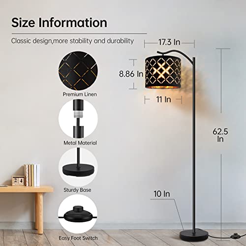 Boostarea Floor Lamp For Living Room,8W Led Arched Floor Lamp,Tall Modern Standing Lamp With Bohemian Linen Shade, E26 Socket,Footswitch, Mid Century Floor Lamp For Bedrooms,Office,Laser Square Shade #TOP3