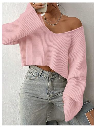 Image of Floerns Women's Long Sleeve Cropped Fall Pullover V Neck Drop Shoulder Rib Knit Sweaters Top