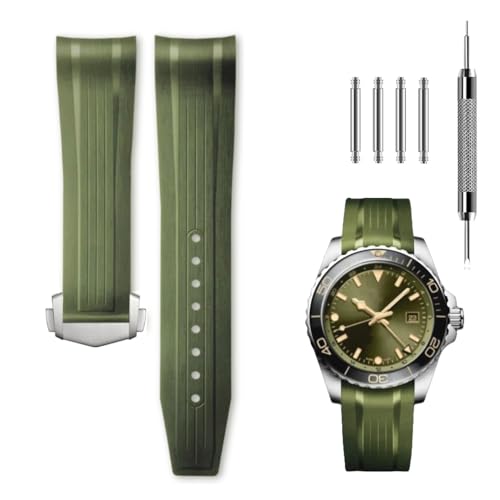 Ziknow 21mm 22mm Curved End Fluororubber Watch Band Compatible with Longines HydroConquest GMT L3.790 L3.890 FKM Watch Strap for 41mm 43mm Dial (Green, 21mm for L3.790)