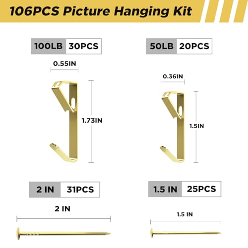 Image of Picture Hanging Hooks 106 Pieces,50lb 100lb Picture Hangers ,Nails Hanging Kit, Metal Picture Hangers for Drywall Wooden Wall,Gold