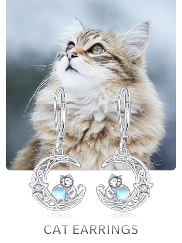Boucles d'oreilles chat argent 925 pendantes dormeuses pierre de lune - 6