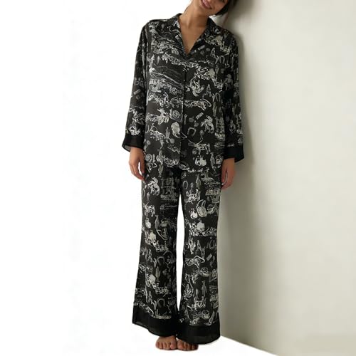 Image of Women Satin Pajama Set Floral Silk Pajamas 2 Piece Lounge Sets Button Down Shirts Wide Leg Pants Pjs Sleepwear