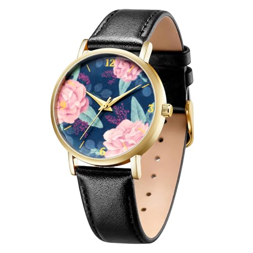 Montre quartz femme grand cadran floral idée cadeau romantique