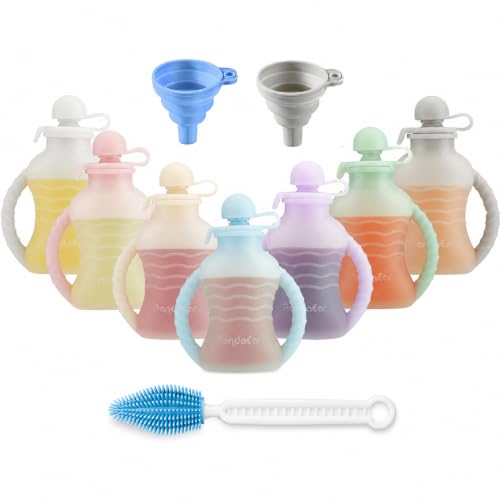 Image of PandaEar 7-Pack Reusable Silicone Baby Food Pouches with Handles, 4oz Refillable Portable Pouches for Toddlers & Infants, BPA-Free Self-Feeding Yogurt & Smoothie Bags, Includes 2 Funnels