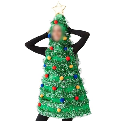 Felcia Damen Weihnachtsbaum Kostüm Elegant Ärmellos Plüsch Ball Lametta Patchwork Kapuze Minikleid Xmas Verkleidung (A-Grün, Einheitsgröße)