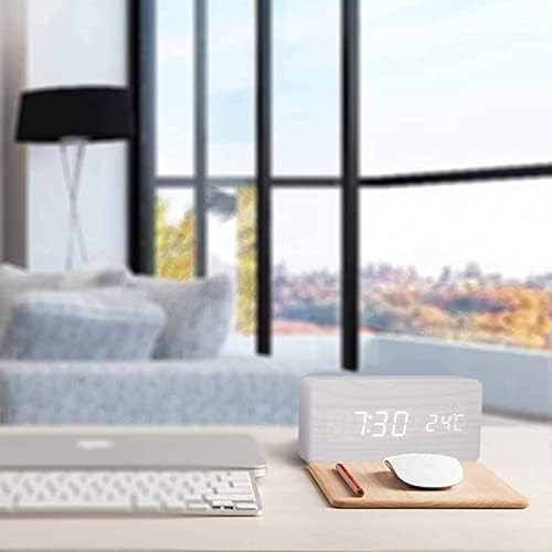 GINZER LED Digital Wood Alarm Clock, Bedside Silent Wooden Clock with Multiple Alarm and 5 Level Brightness, Big White Digit Display, Snooze, Non Ticking, Mains Powered or Battery Operated, White