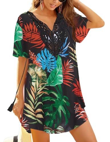 Ekouaer Strandkleider Damen Sommer Strandtunika Spitze Strandponcho V Ausschnitt Kurz Bunt Swimwear Cover Up L
