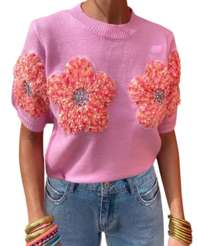 Image of Women Flower Knitted Sweater Elegant Crew Neck Summer Puff Short Sleeved Sweater Pullover Tops Pink, Small