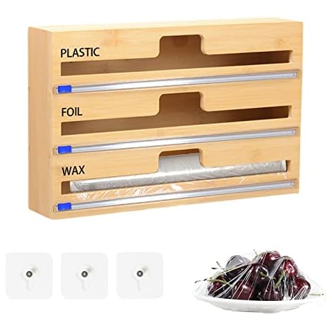 3 in 1 Wrap Dispenser with Cutter and Labels,Foil and Plastic Wrap Organizer,Plastic Wrap,Aluminum Foil Organization and Storage for Kitchen Drawer,Compatible with 12" Roll Cover