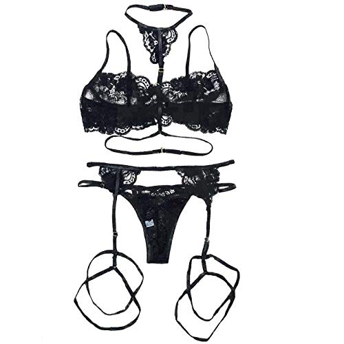Conjunto de lingerie feminina sexy de renda, sutiã e calcinha cinta-liga, 3 peças, sutiã e shorts tr