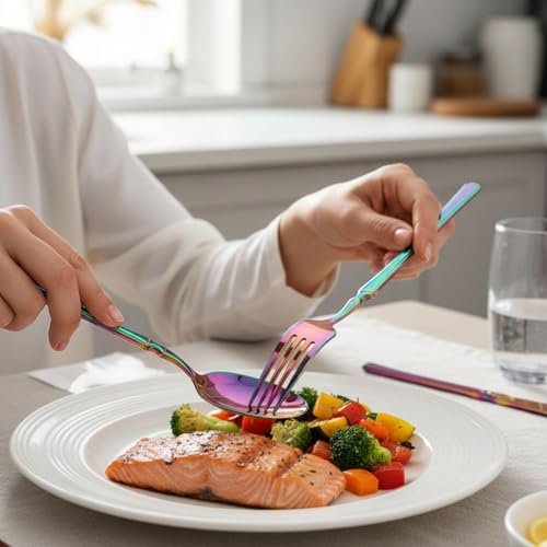 Image of 25 Pcs Rainbow Cutlery Set for Dining Table the Perfect Lightweight Silim Handle Tableware Including Dinner Spoon, Dinner Fork, Dinner Knife, Dessert Spoon & Dessert Fork