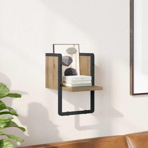 Drainlyn Estantería de pared flotante de madera de roble artesanal, 20 x 25 x 30 cm, con marco de metal para salón, dormitorio, cocina, estante de pared para almacenamiento y decoración