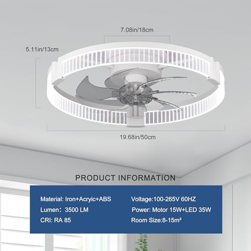 Image of Garwarm Ceiling Fans with Lights,20IN Ultra Low Profile Ceiling Fan with Light and Remote, Dimmable 3000K-6000K LED Fandelier Flush Mount, DC Motor, for Bedroom, Kitchen, Office