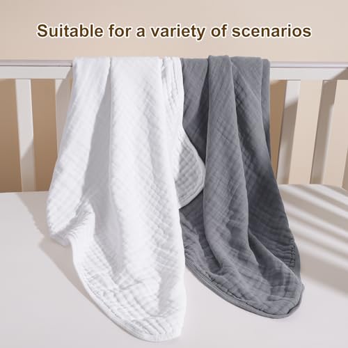 Image of david's kids 2 Pack Hooded Baby Towels, 100% Muslin Cotton 6-Layer Ultra Soft Breathable Absorbent Baby Bath Towels for Infant and Toddler, Newborn Essentials, Large 32x32Inch, White & Grey