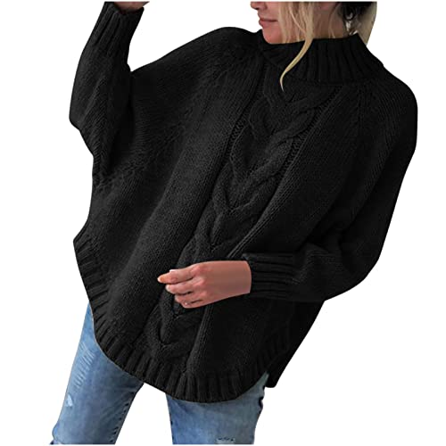 Masrin Jersey de cuello alto para mujer, trenzado, jersey de manga de murciélago, jersey de punto, jersey elástico de punto, color liso, tops de punto Cover