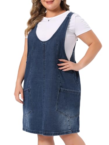 Image of Agnes Orinda Plus Size Denim Overall Dress for Women Sleeveless V Neck Denim Jumper Dress with Pocket