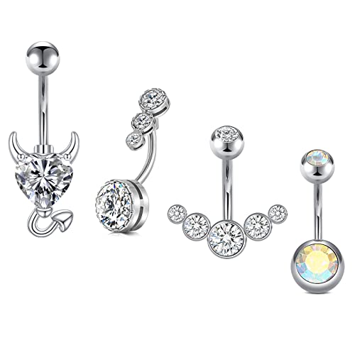 WillTen 14GWillTen 14G Piercing Ombligo Plata Acero Inoxidable Mujer Piercing Ombligo Banana Diamante CZ Brillante Joyería 4Piezas Cover