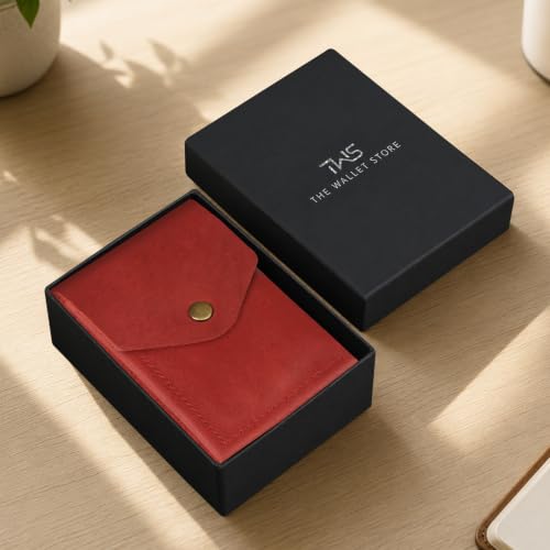 Image of The Wallet Store Flip Genuine Leather Vertical Slim Wallet for Men | Pull-String Quick Card Access | Compact Front Cash Pocket & Button Lock | Minimalist Travel & Daily Carry Wallet (Red)