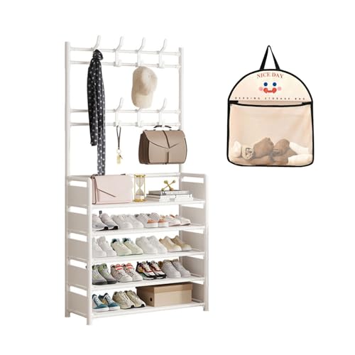 Perchero con Zapatero, Organizador de Almacenamiento de 4 o 5 Niveles para Pasillo, Zapatero de Metal, estantes de Tela no Tejida, Zapatero para dormitorios (Blanco, 60 x 25 x 178