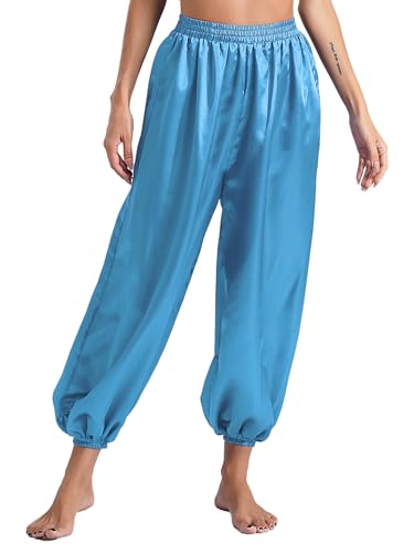Nyeemya Pantalones Bombachos de Danza del Vientre Mujer Pantalones Anchos de Élastico Cintura Pantalones Danza Disfraz de Bailarina Halloween Fiesta S-XXL Cielo Azul S
