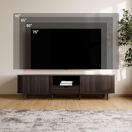 Image of DHH 86.6 inch Fluted TV Stand with Power Outlet for TVs up to 90 inch, TV Console with Adjustable Shelves and Sliding Door,Mid Century Modern Entertainment Center for Living Room,Bedroom (Dark Walnut)