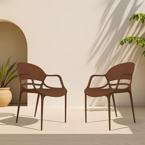 Image of DIYA Sunset Plastic Chair for Home & Dining | Comfortable Arm Chair | Living Room, Balcony & Outdoor Use | Strong PP Build, 1-Year Warranty - Set of 2 (Brown)