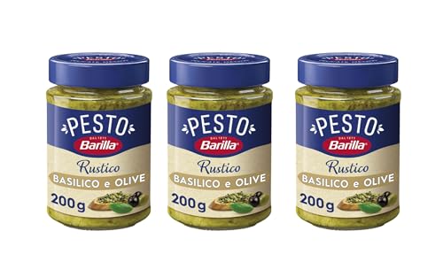 Barilla Pesto Rustico, Salsa con Basilico e Olive, Confezione da 3 Vasetti da 200g, Pesto Italiano Pronto all'Uso