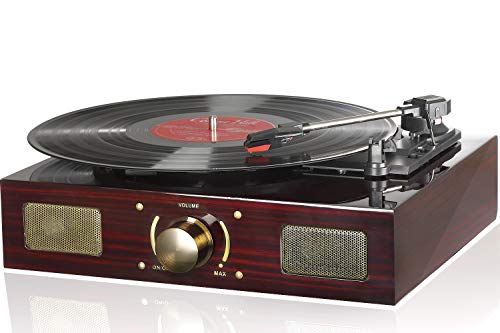LuguLake Vinyl Record Player, Belt-Driven Turntable with Stereo 3-Speed, Built-in Speaker, and RCA