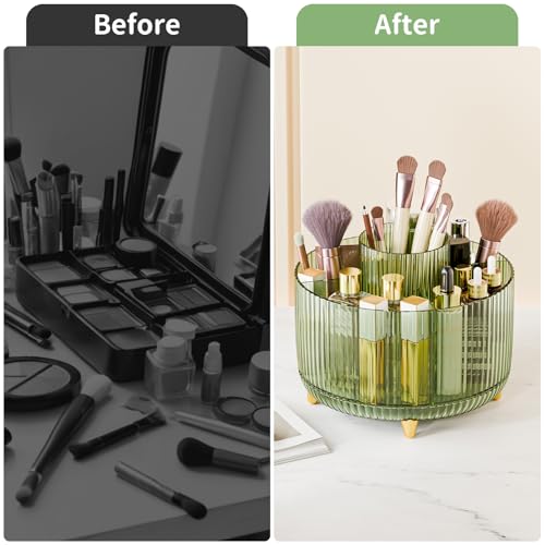 Image of Clear Rotating Makeup Organizer Countertop for Vanity, 360 Makeup Brush Holder Organizer with 5 Compartments, Transparent Cosmetic Storage for Lipstick, Skincare, Bathroom Counter(Transparent Green)