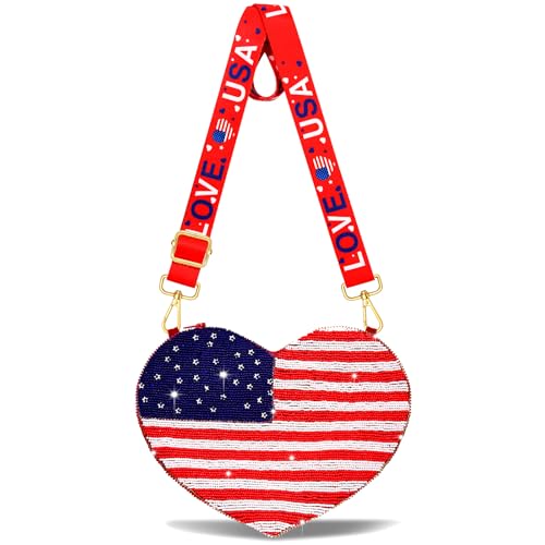 Image of 4th of July Purse for Women Sequin Beaded USA Star Purse American Flag Crossbody Shoulder Bag 4th of July Outfits