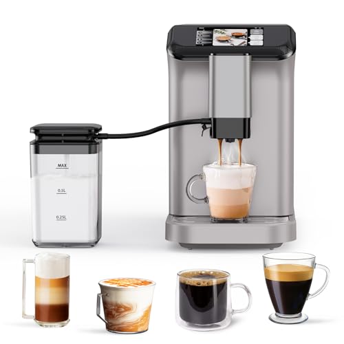 Fully Automatic Espresso Machine with Grinder, Milk Frother, TFT Touch Display, 20 Bar Pressur &amp; 15 Grind Settings, Auto Cleaning for Latte, Cappuccino, Espresso, Silver