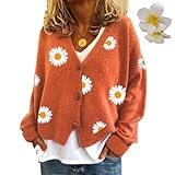 INLANDSIS Women Daisy Print Single-Breasted Long Sleeve Knitwear Cardigan, V Neck Button Down Open Front Vintage Oversized Sweater (Orange,XXL)